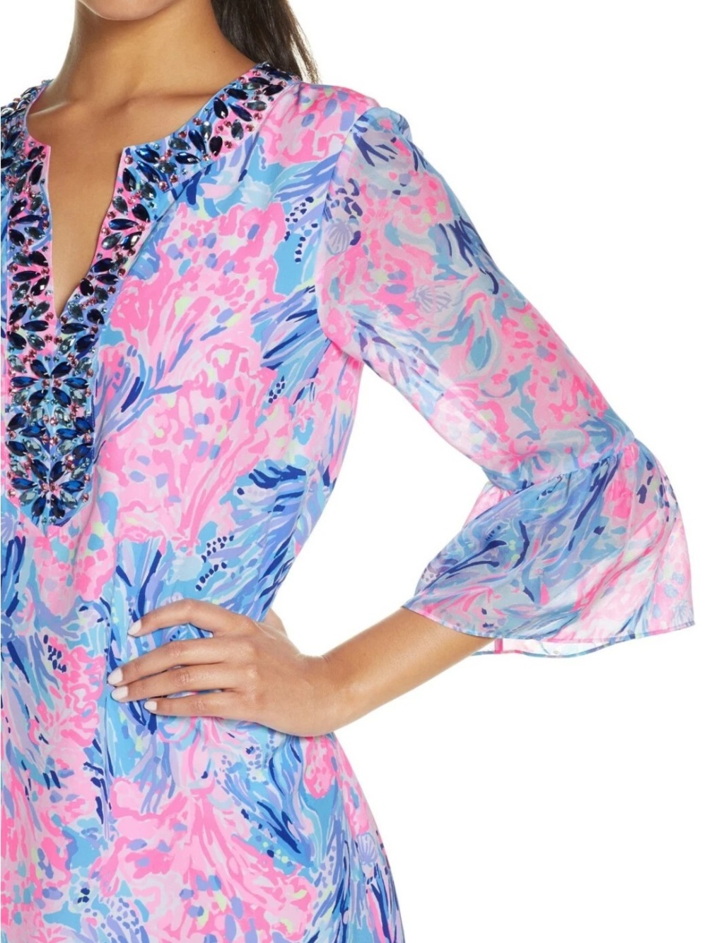 Lily Pulitzer pink & blue Leonora “Fan Sea Pants” silk, beaded tunic dress M ***